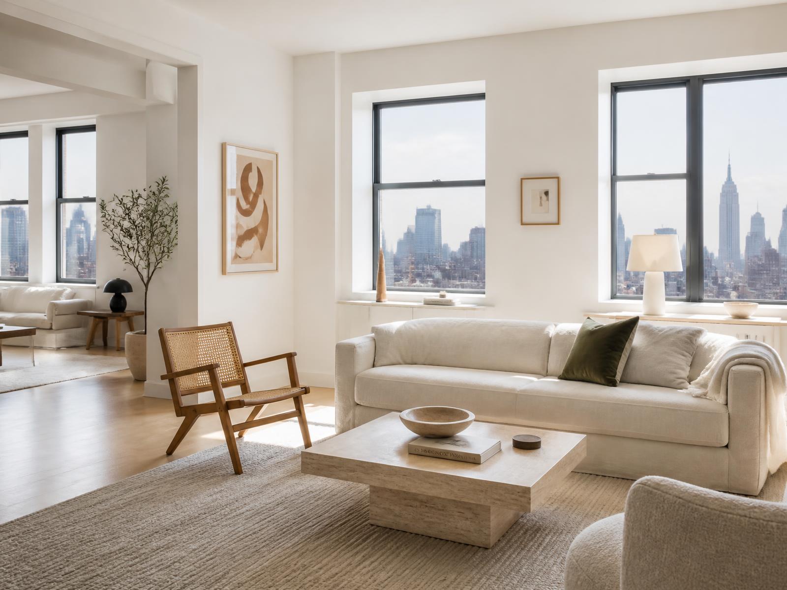 Sunlit, freshly cleaned living room in a modern New York City apartment