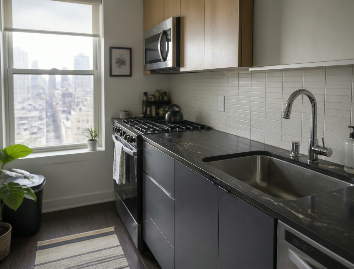 The same NYC apartment kitchen after cleaning, with clear polished counters and an empty sink