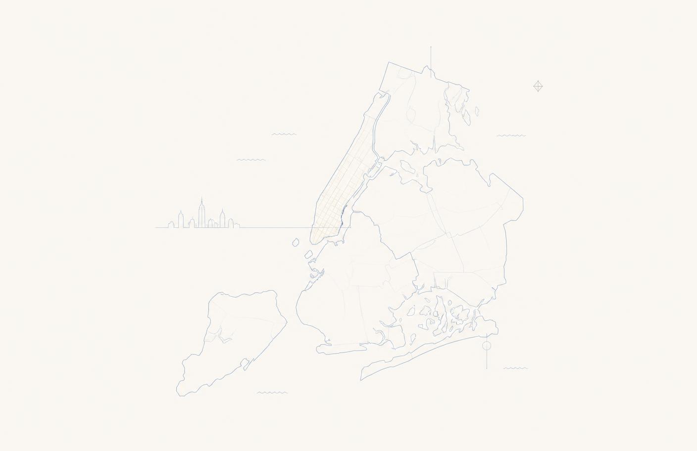 Minimal line illustration of the New York City boroughs served by Tidyline Cleaning